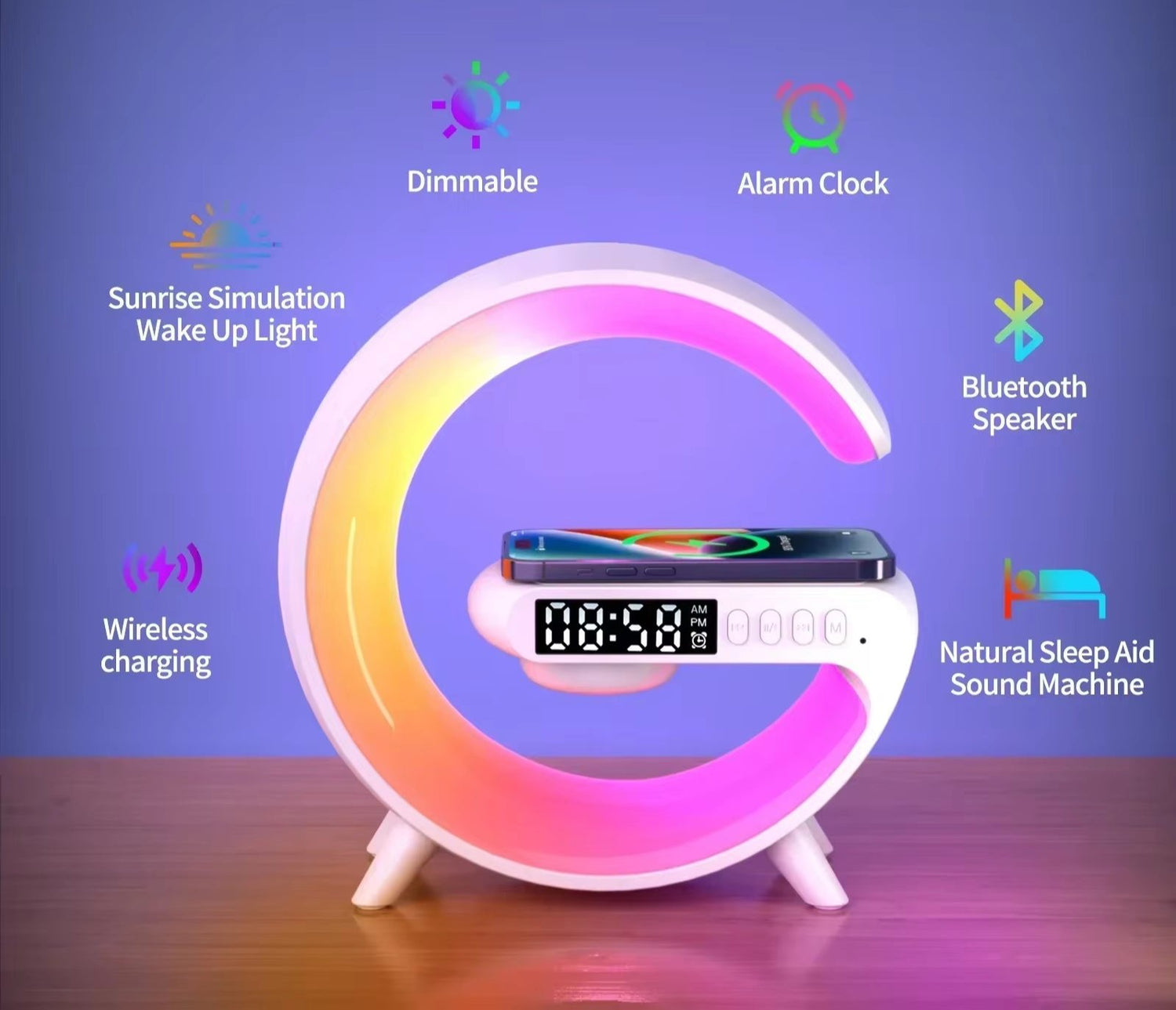 Techifty Multifunction Wireless Charger Stand™ – RGB Light, Alarm Clock & Speaker