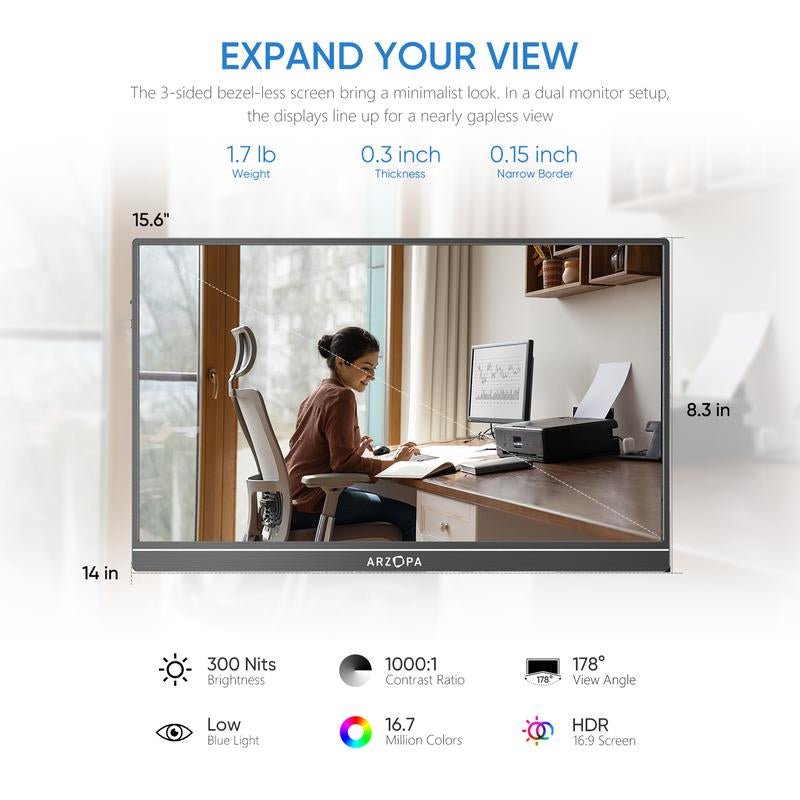 ARZOPA 15.6" FHD Portable Monitor – USB - C, HDMI, HDR - Techifty